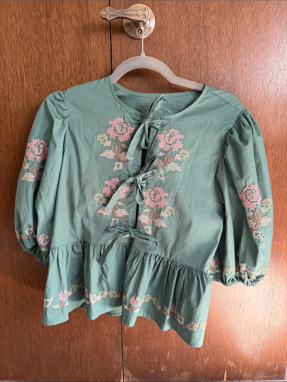 Embroidered Peasant Blouse with Tie Front - Green